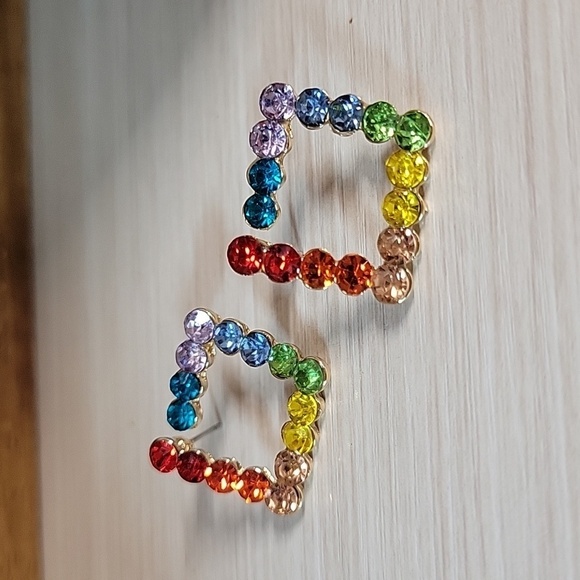 Rainbow Crystal Square Stud Earrings - Picture 6 of 9